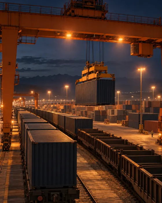 Container crane moving a box between two trains at a border dry port at night