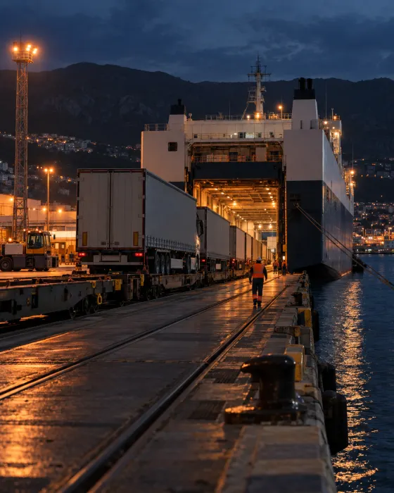 Ro-Ro ship and intermodal wagons on an Adriatic pier at night